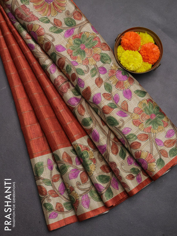 Semi tussar saree rustic orange and beige with allover zari checked pattern and kalamkari printed pallu