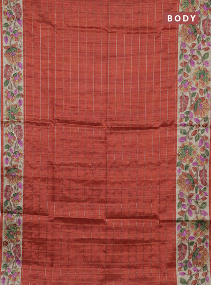 Semi tussar saree rustic orange and beige with allover zari checked pattern and kalamkari printed pallu