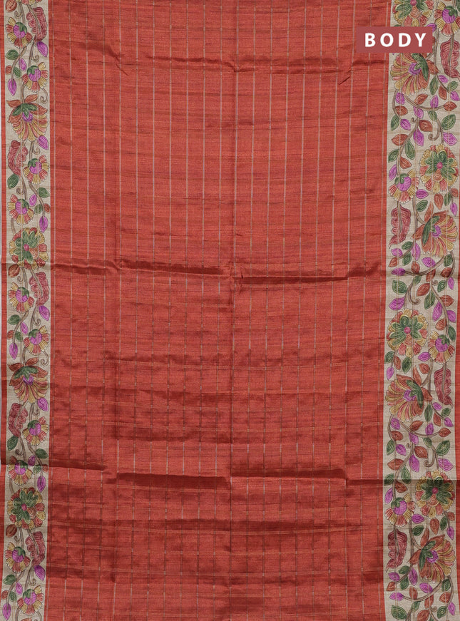 Semi tussar saree rustic orange and beige with allover zari checked pattern and kalamkari printed pallu