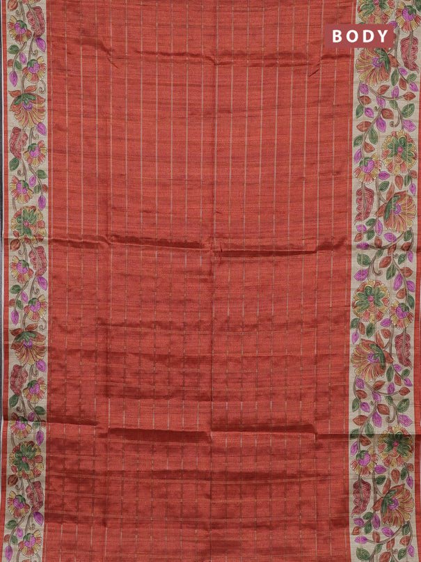 Semi tussar saree rustic orange and beige with allover zari checked pattern and kalamkari printed pallu
