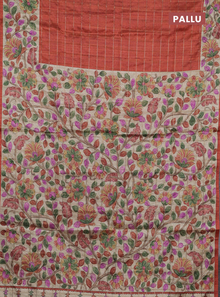 Semi tussar saree rustic orange and beige with allover zari checked pattern and kalamkari printed pallu