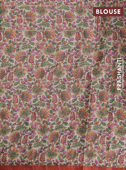 Semi tussar saree rustic orange and beige with allover zari checked pattern and kalamkari printed pallu