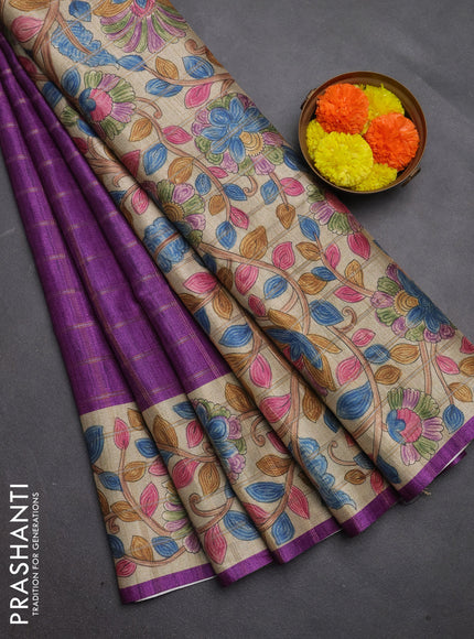 Semi tussar saree purple and beige with allover zari checked pattern and kalamkari printed pallu