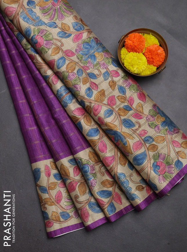 Semi tussar saree purple and beige with allover zari checked pattern and kalamkari printed pallu