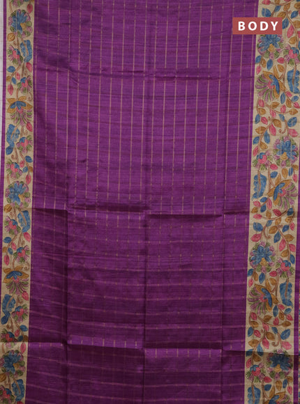 Semi tussar saree purple and beige with allover zari checked pattern and kalamkari printed pallu
