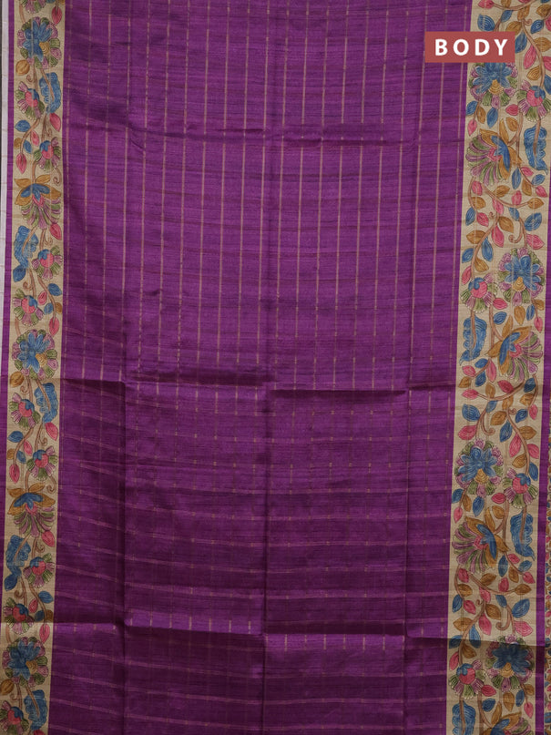 Semi tussar saree purple and beige with allover zari checked pattern and kalamkari printed pallu