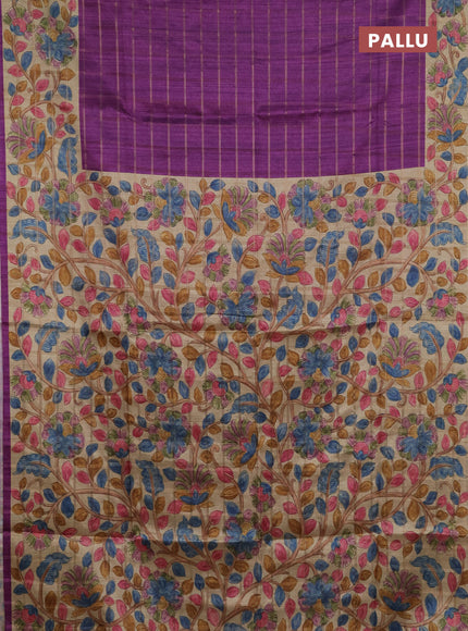 Semi tussar saree purple and beige with allover zari checked pattern and kalamkari printed pallu