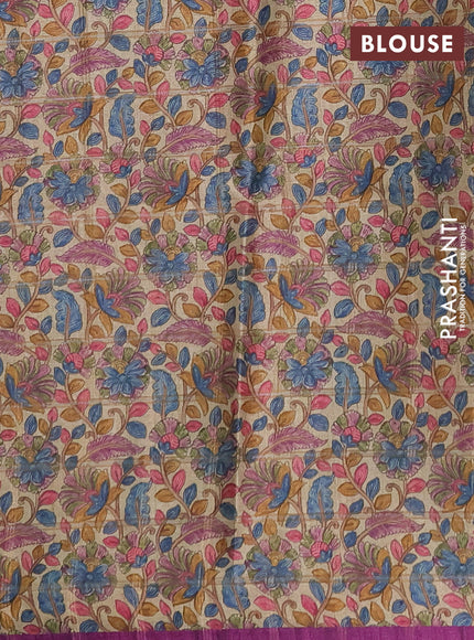 Semi tussar saree purple and beige with allover zari checked pattern and kalamkari printed pallu