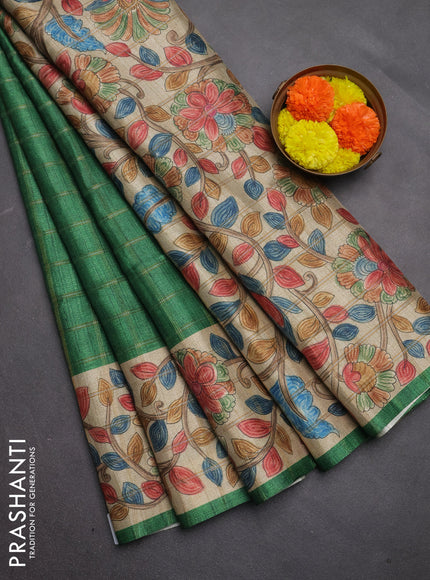 Semi tussar saree green and beige with allover zari checked pattern and kalamkari printed pallu