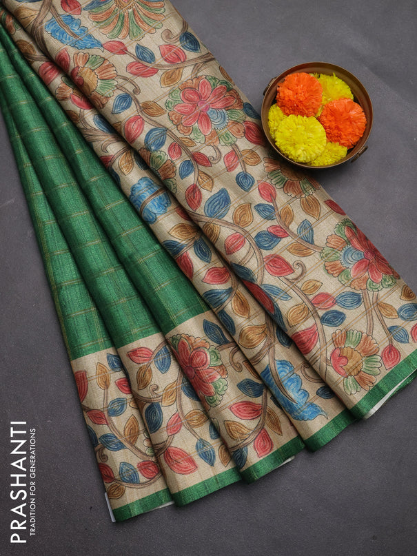 Semi tussar saree green and beige with allover zari checked pattern and kalamkari printed pallu