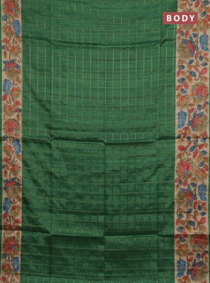 Semi tussar saree green and beige with allover zari checked pattern and kalamkari printed pallu