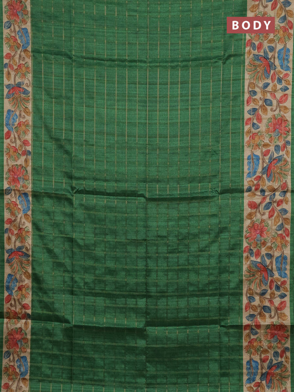 Semi tussar saree green and beige with allover zari checked pattern and kalamkari printed pallu