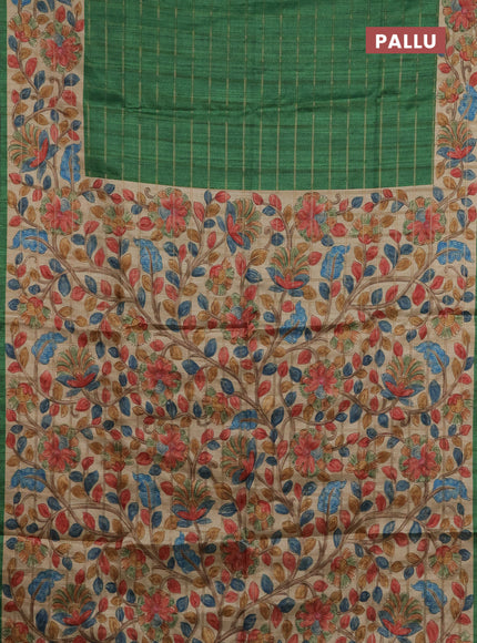 Semi tussar saree green and beige with allover zari checked pattern and kalamkari printed pallu