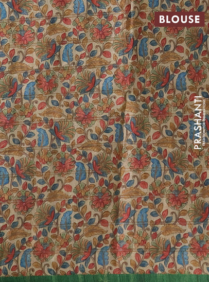 Semi tussar saree green and beige with allover zari checked pattern and kalamkari printed pallu