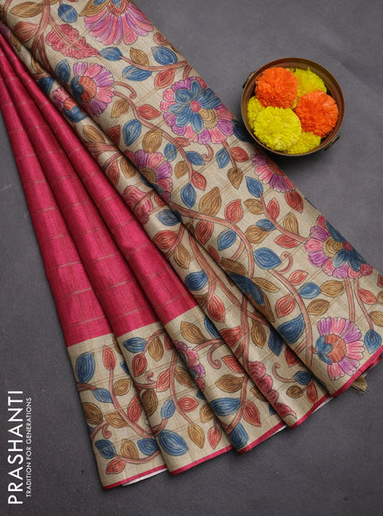Semi tussar saree pink and beige with allover zari checked pattern and kalamkari printed pallu