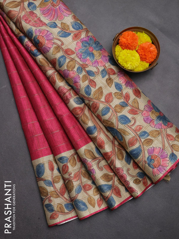 Semi tussar saree pink and beige with allover zari checked pattern and kalamkari printed pallu