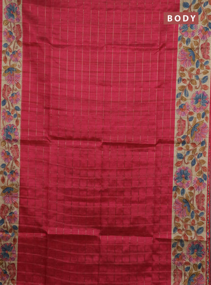 Semi tussar saree pink and beige with allover zari checked pattern and kalamkari printed pallu
