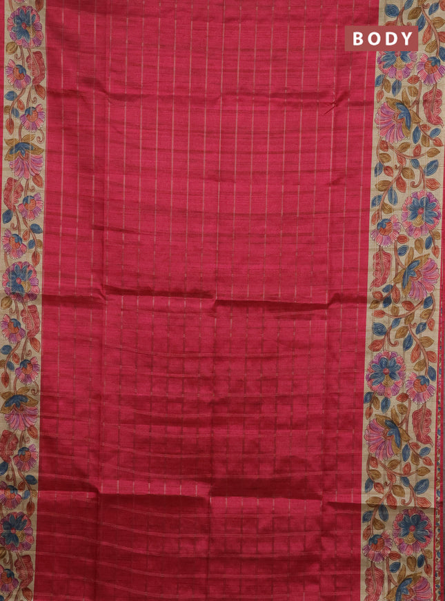 Semi tussar saree pink and beige with allover zari checked pattern and kalamkari printed pallu