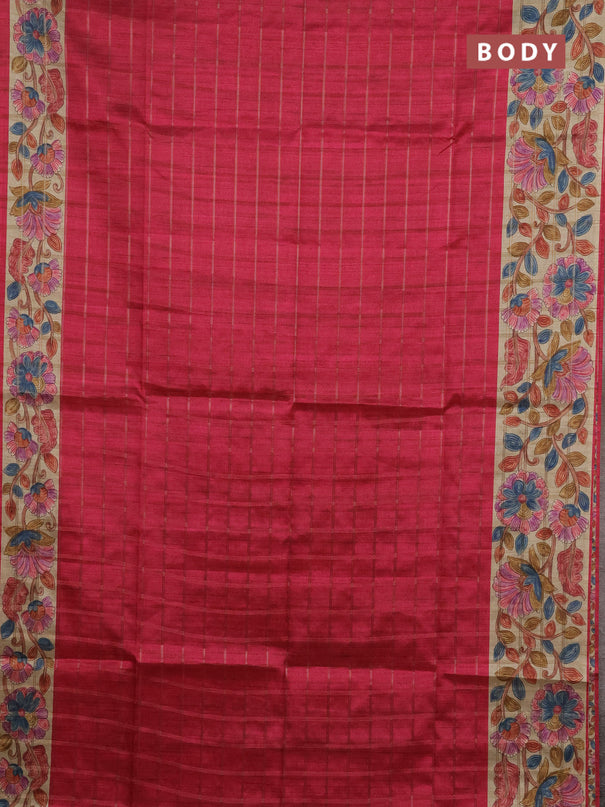 Semi tussar saree pink and beige with allover zari checked pattern and kalamkari printed pallu