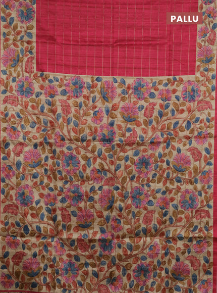 Semi tussar saree pink and beige with allover zari checked pattern and kalamkari printed pallu
