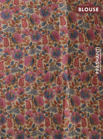 Semi tussar saree pink and beige with allover zari checked pattern and kalamkari printed pallu