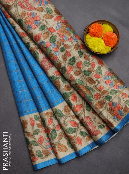 Semi tussar saree cs blue and beige with allover zari checked pattern and kalamkari printed pallu