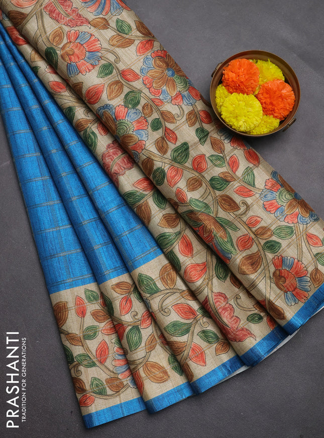 Semi tussar saree cs blue and beige with allover zari checked pattern and kalamkari printed pallu