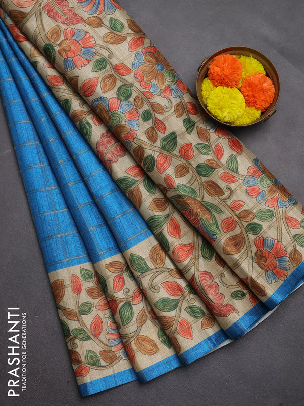 Semi tussar saree cs blue and beige with allover zari checked pattern and kalamkari printed pallu