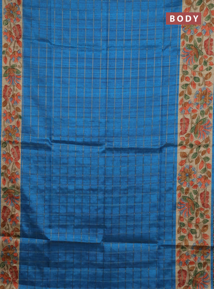 Semi tussar saree cs blue and beige with allover zari checked pattern and kalamkari printed pallu