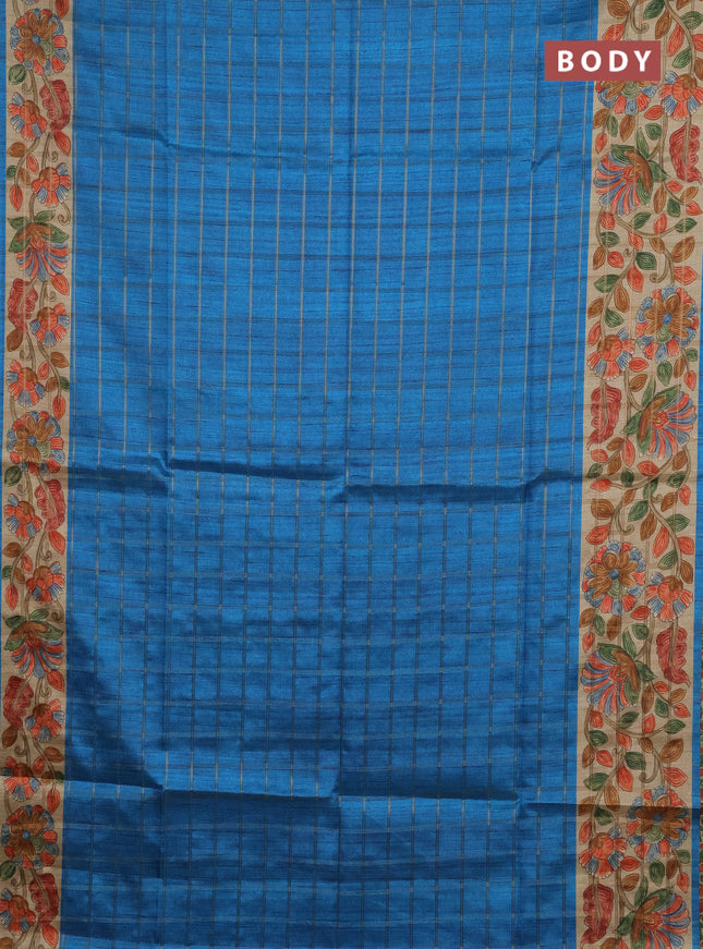Semi tussar saree cs blue and beige with allover zari checked pattern and kalamkari printed pallu