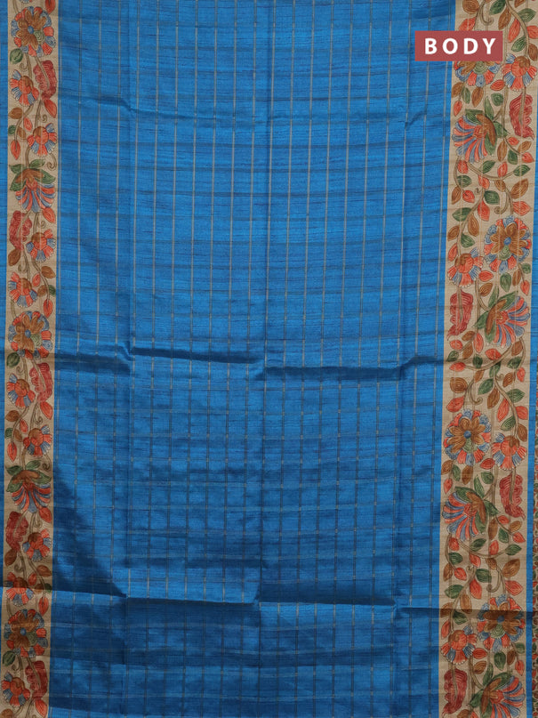 Semi tussar saree cs blue and beige with allover zari checked pattern and kalamkari printed pallu