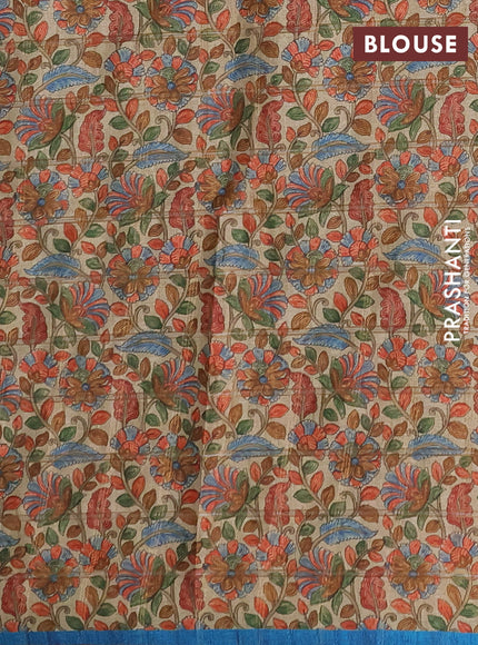 Semi tussar saree cs blue and beige with allover zari checked pattern and kalamkari printed pallu