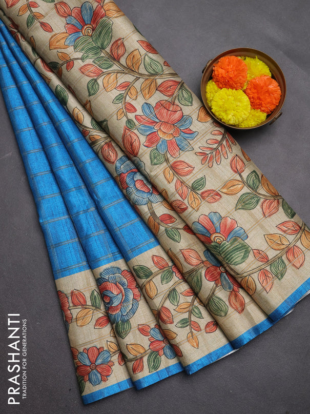 Semi tussar saree cs blue and beige with allover zari checked pattern and kalamkari printed pallu