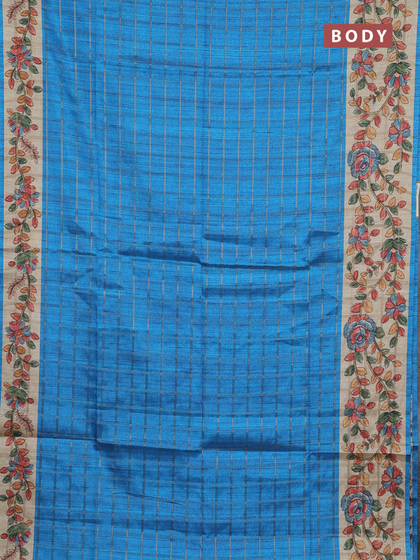 Semi tussar saree cs blue and beige with allover zari checked pattern and kalamkari printed pallu
