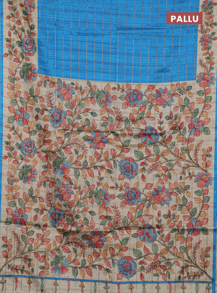 Semi tussar saree cs blue and beige with allover zari checked pattern and kalamkari printed pallu