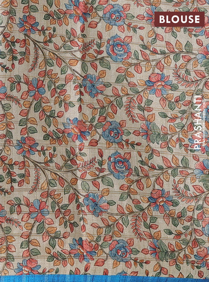 Semi tussar saree cs blue and beige with allover zari checked pattern and kalamkari printed pallu