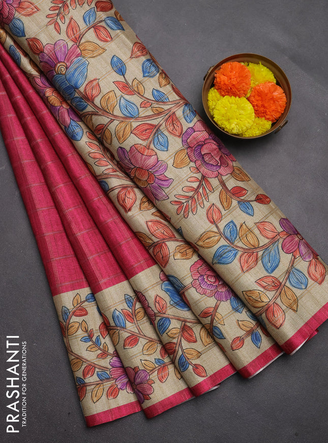 Semi tussar saree pink and beige with allover zari checked pattern and kalamkari printed pallu