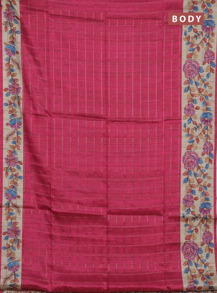 Semi tussar saree pink and beige with allover zari checked pattern and kalamkari printed pallu