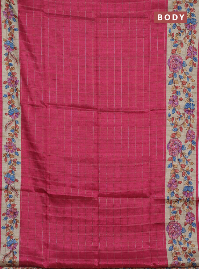 Semi tussar saree pink and beige with allover zari checked pattern and kalamkari printed pallu