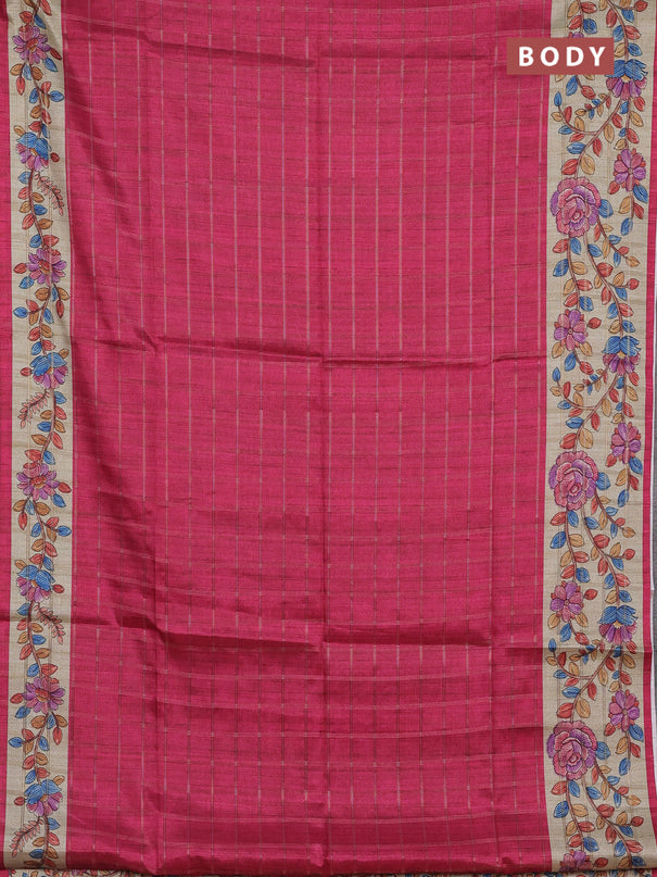 Semi tussar saree pink and beige with allover zari checked pattern and kalamkari printed pallu
