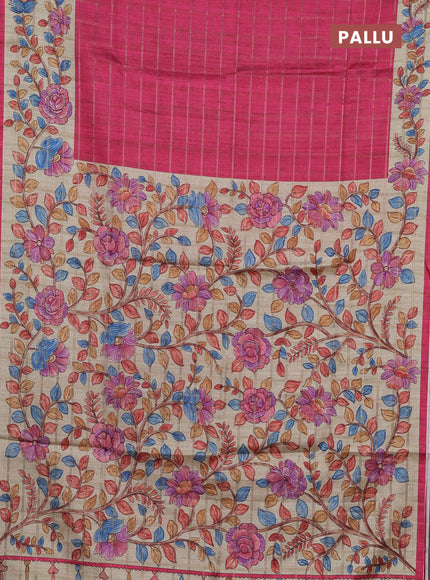 Semi tussar saree pink and beige with allover zari checked pattern and kalamkari printed pallu