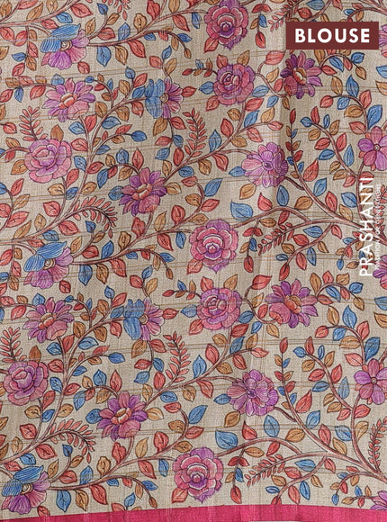 Semi tussar saree pink and beige with allover zari checked pattern and kalamkari printed pallu