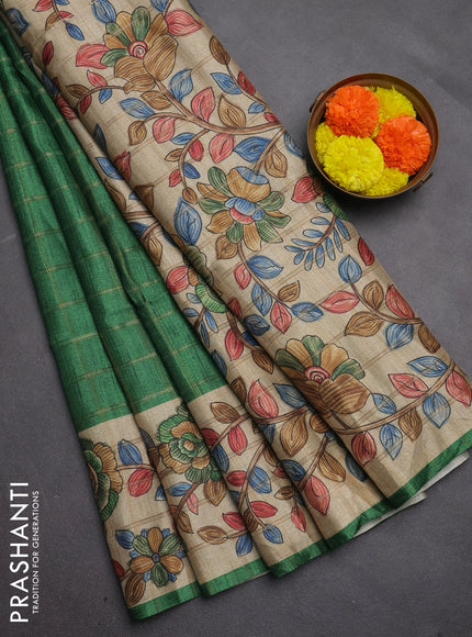 Semi tussar saree green and beige with allover zari checked pattern and kalamkari printed pallu