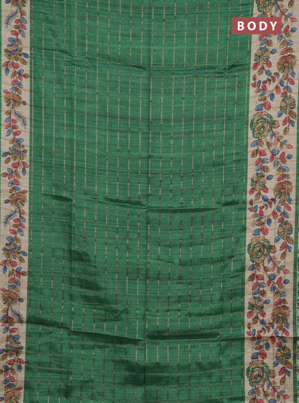Semi tussar saree green and beige with allover zari checked pattern and kalamkari printed pallu