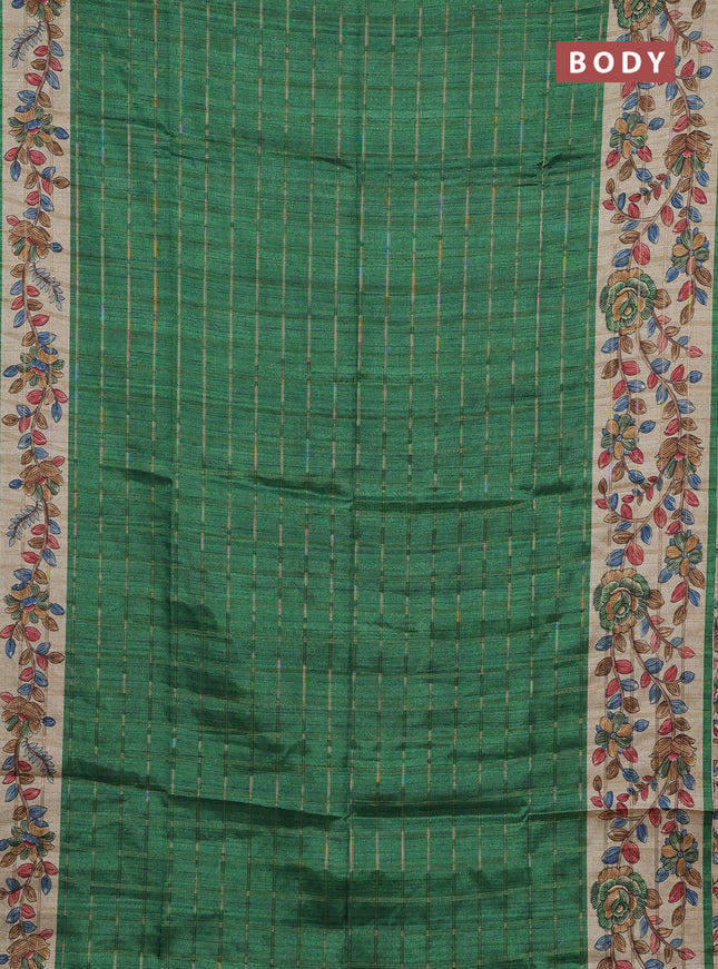 Semi tussar saree green and beige with allover zari checked pattern and kalamkari printed pallu