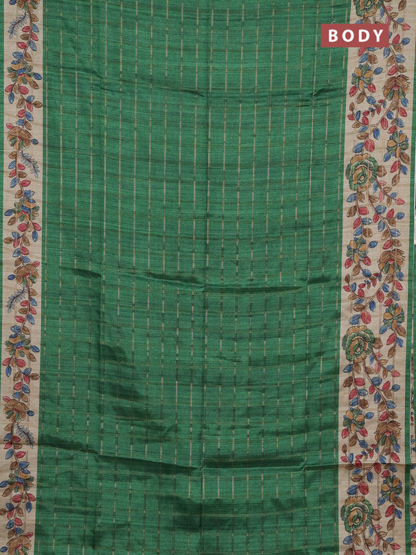 Semi tussar saree green and beige with allover zari checked pattern and kalamkari printed pallu
