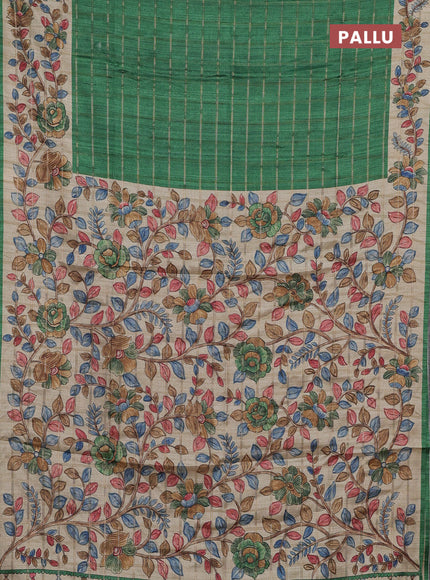 Semi tussar saree green and beige with allover zari checked pattern and kalamkari printed pallu