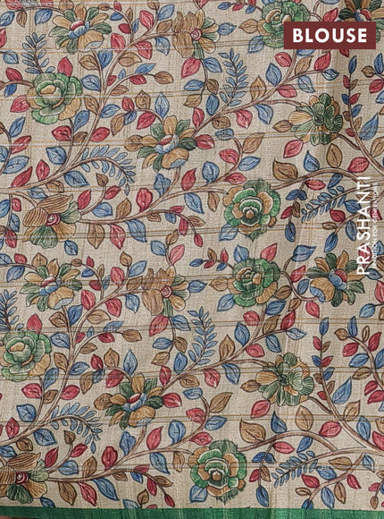 Semi tussar saree green and beige with allover zari checked pattern and kalamkari printed pallu