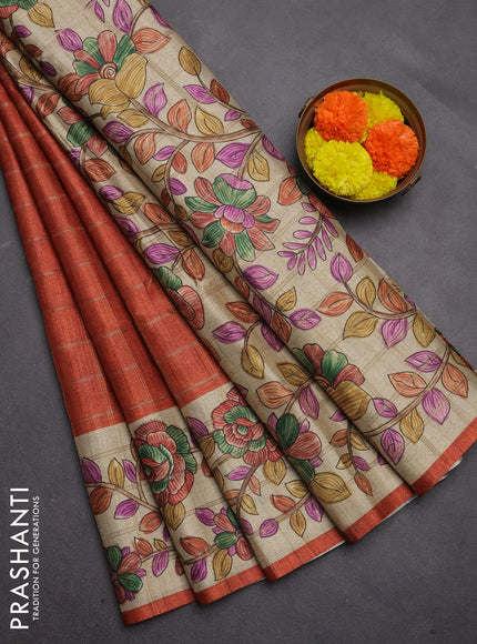 Semi tussar saree rustic orange and beige with allover zari checked pattern and kalamkari printed pallu