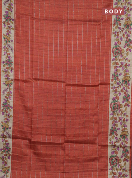 Semi tussar saree rustic orange and beige with allover zari checked pattern and kalamkari printed pallu